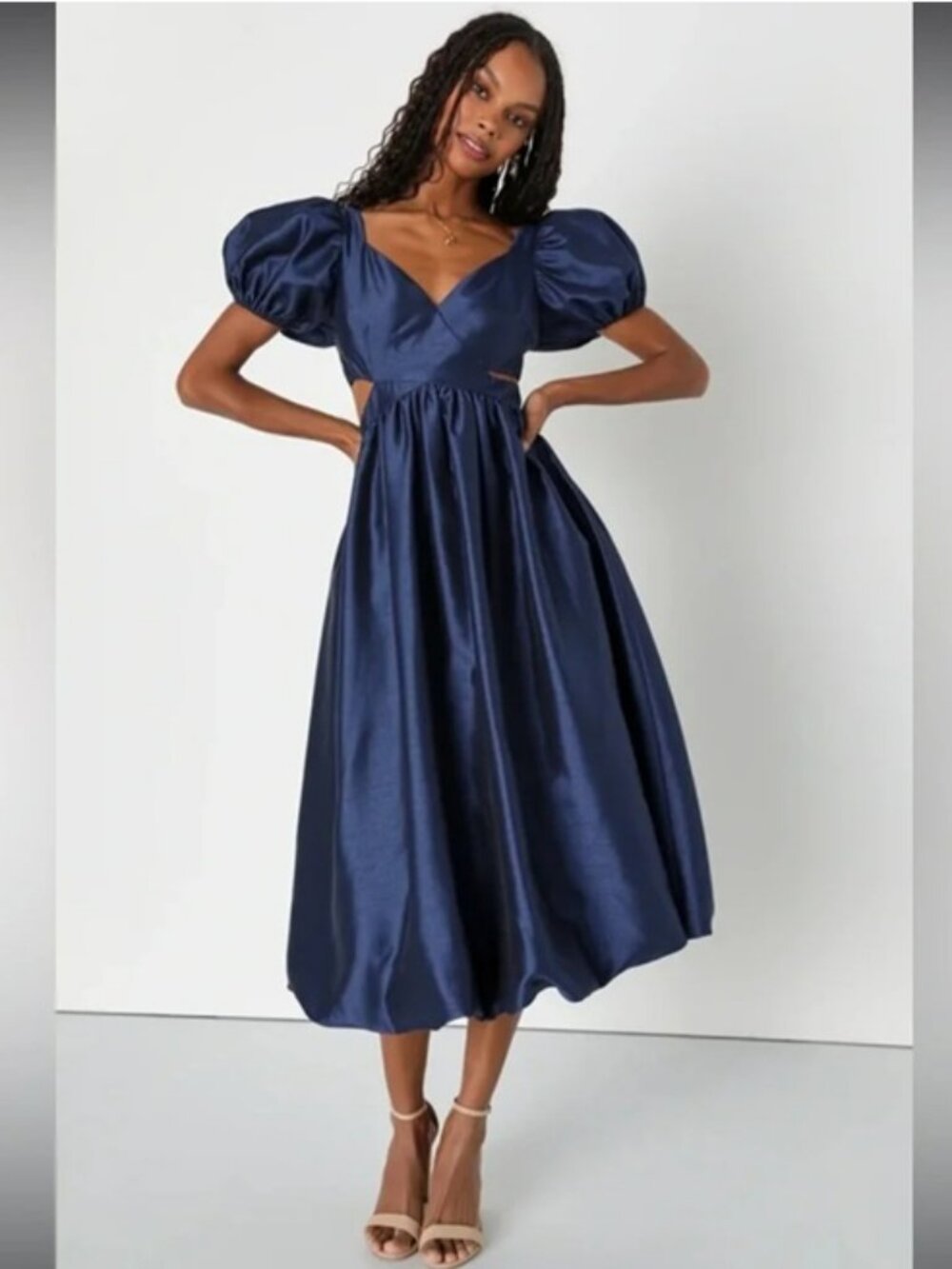 Lulus Navy Blue Exceptionally Charming Cutout Puff Sleeve Midi Dress Sz M